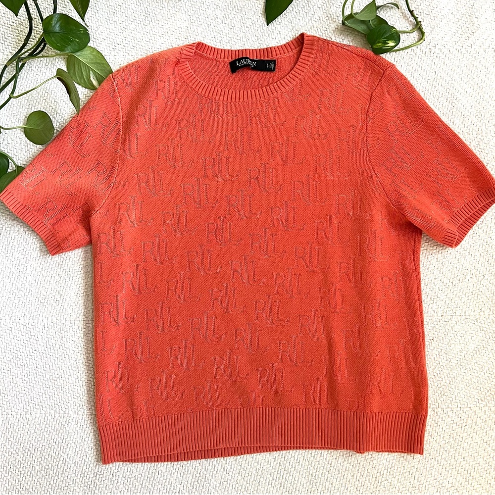 Ralph Lauren Logo Intarsia Knit Short Sleeve Preppy Orange Shirt Large